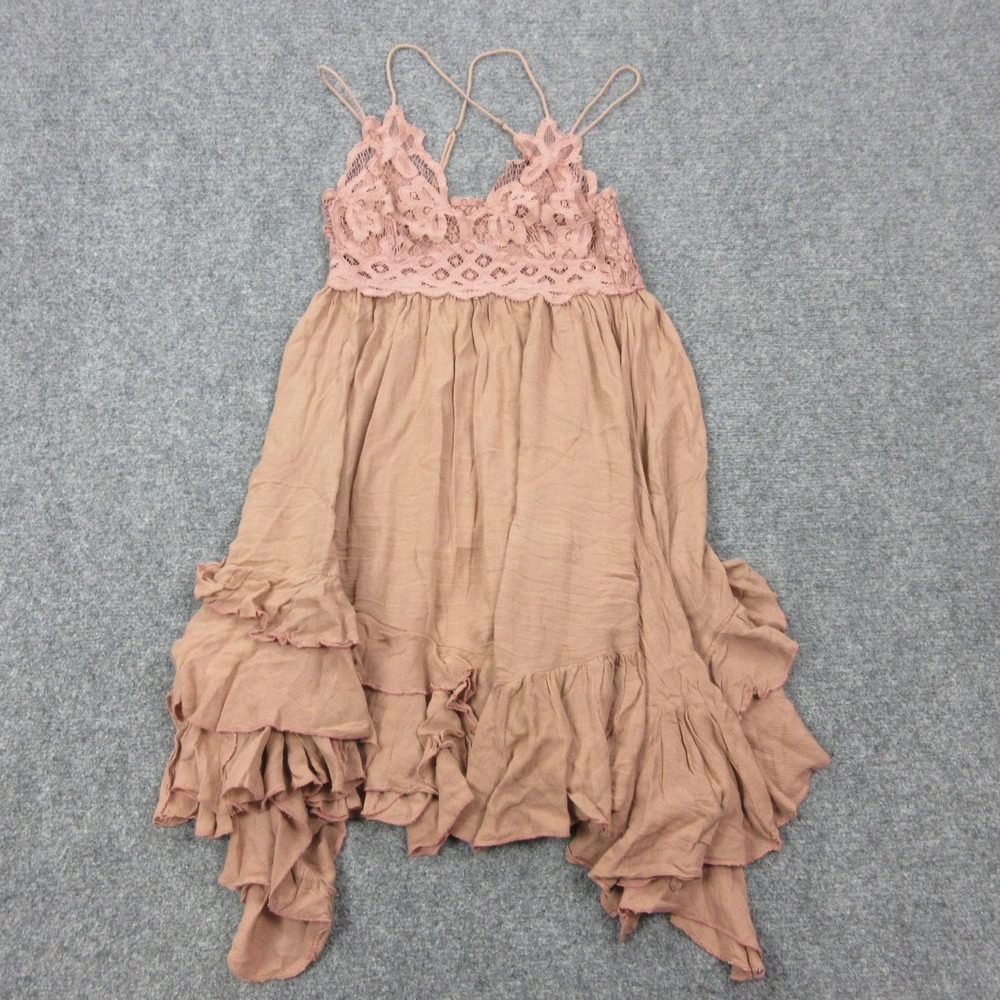 Free People Dress Womens Small Pink Lace‎ Crochet Ruffle Strappy Swing Sundress